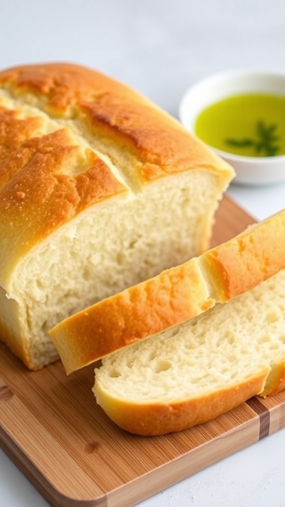 A golden brown loaf of low carb yeast bread sliced on a wooden board, with a dish of olive oil and herbs in the background.